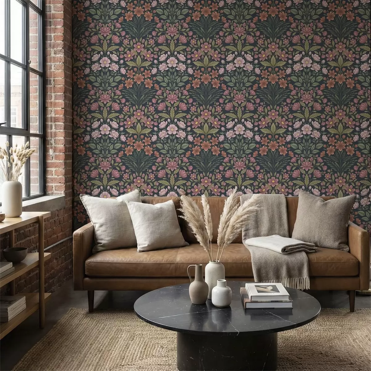 Papel de parede Flores cor-de-rosa e terracota sobre um fundo azul escuro a01279