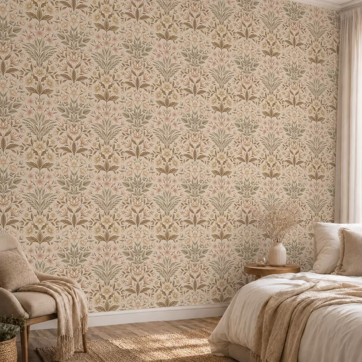 Papel de parede Flores de pêssego e folhas verde-azeitona sobre um fundo bege a01279v1