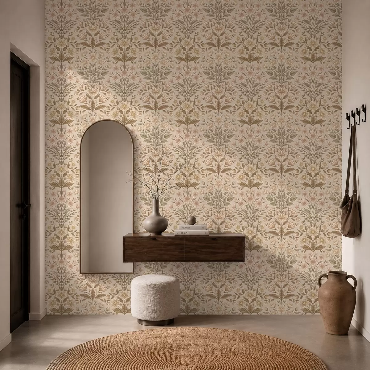 Papel de parede Flores de pêssego e folhas verde-azeitona sobre um fundo bege a01279v1