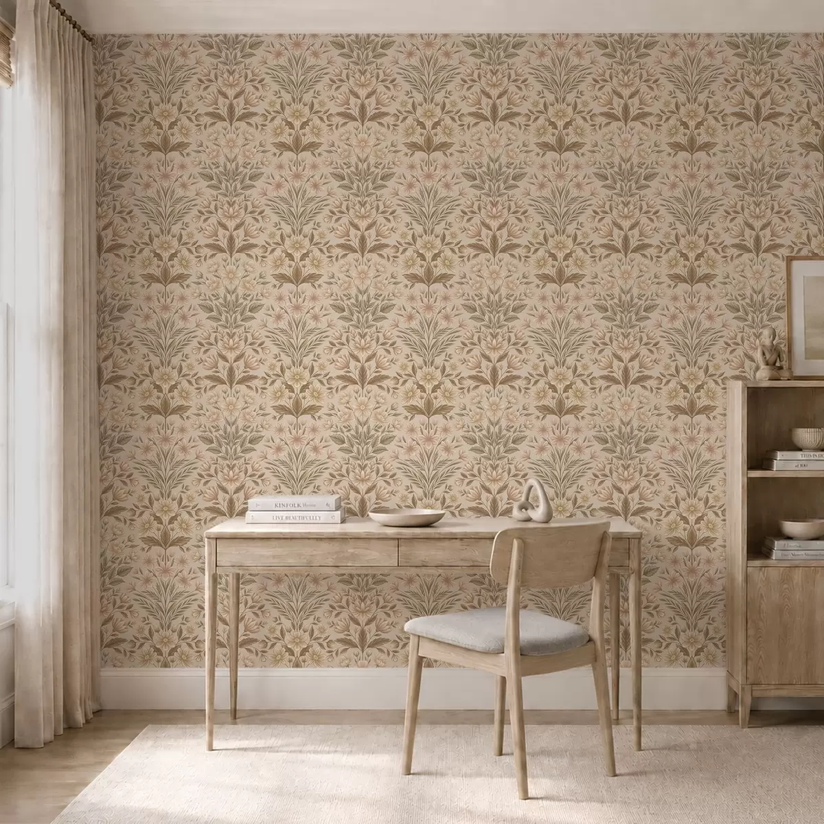 Papel de parede Flores de pêssego e folhas verde-azeitona sobre um fundo bege a01279v1