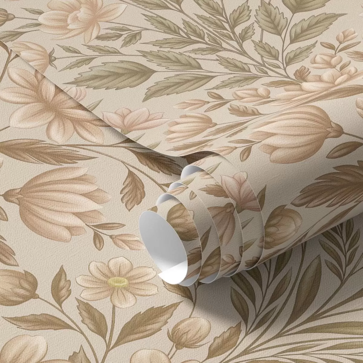 Papel de parede Flores de pêssego e folhas verde-azeitona sobre um fundo bege a01279v1