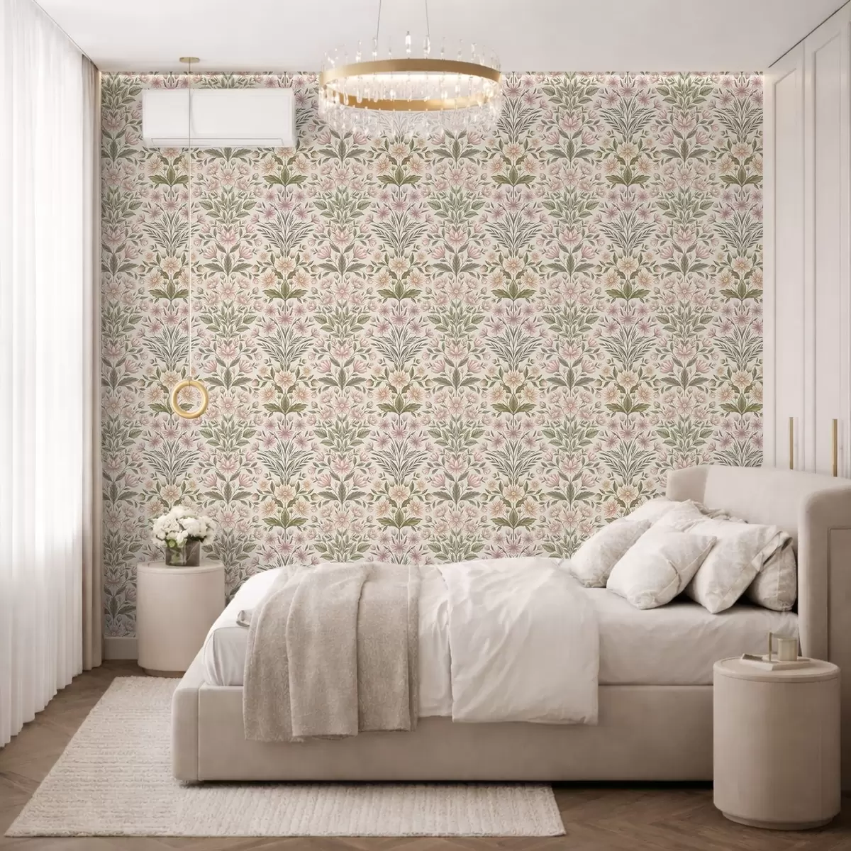 Papel de parede Flores rosa claro e folhas verde-azeitona sobre um fundo claro a01279v2