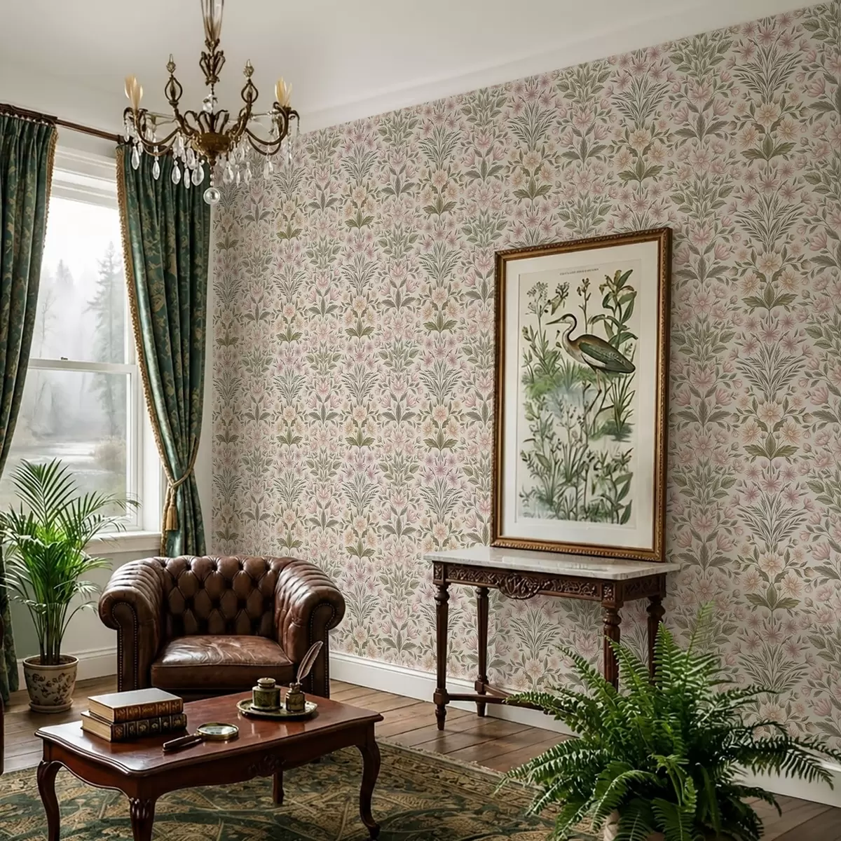 Papel de parede Flores rosa claro e folhas verde-azeitona sobre um fundo claro a01279v2