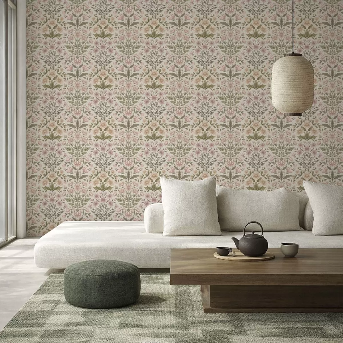 Papel de parede Flores rosa claro e folhas verde-azeitona sobre um fundo claro a01279v2