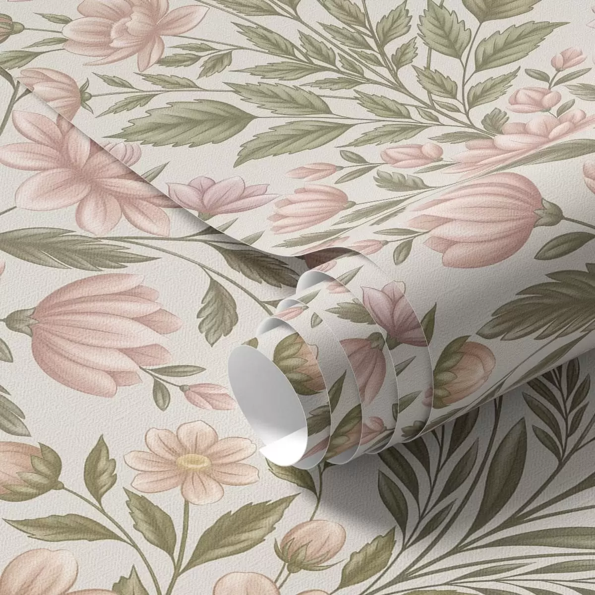 Papel de parede Flores rosa claro e folhas verde-azeitona sobre um fundo claro a01279v2