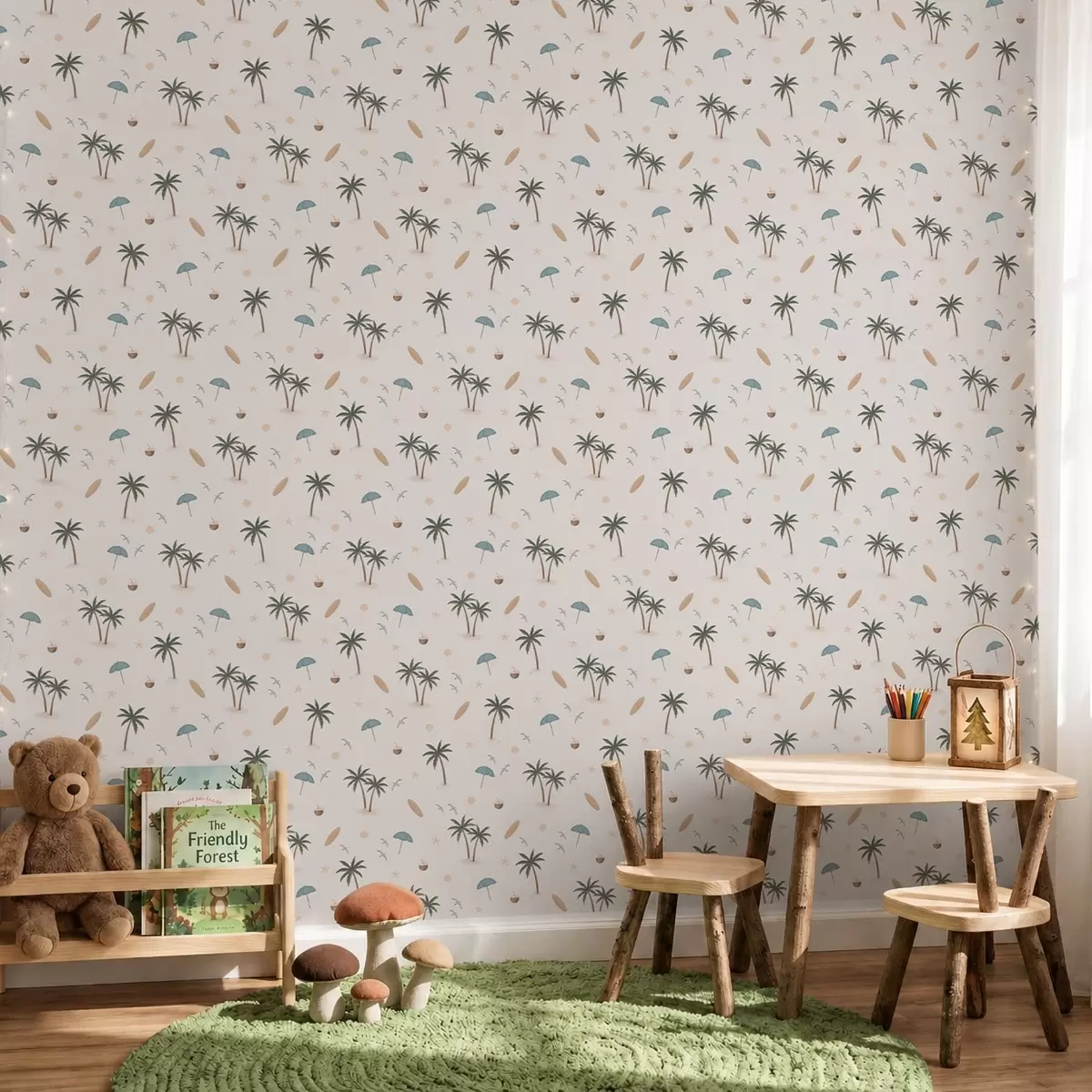 Papel de parede Palmeiras tropicais, pássaros e guarda-sóis num fundo claro a01280