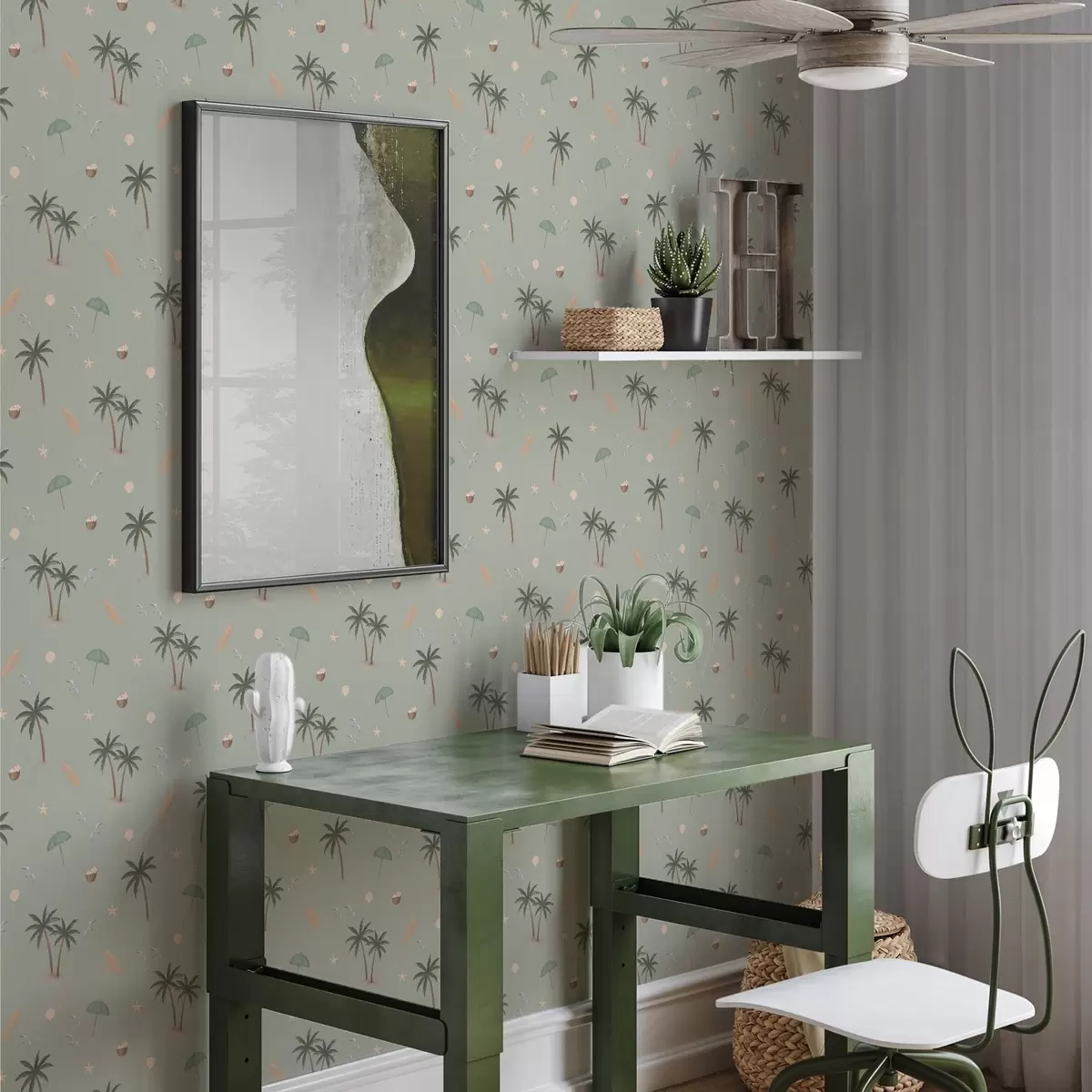 Papel de parede Palmeiras tropicais, pássaros e conchas marinhas num fundo verde-salva a01280v1