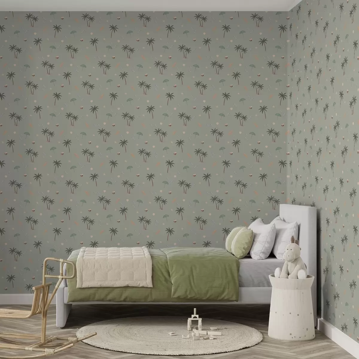 Papel de parede Palmeiras tropicais, pássaros e conchas marinhas num fundo verde-salva a01280v1