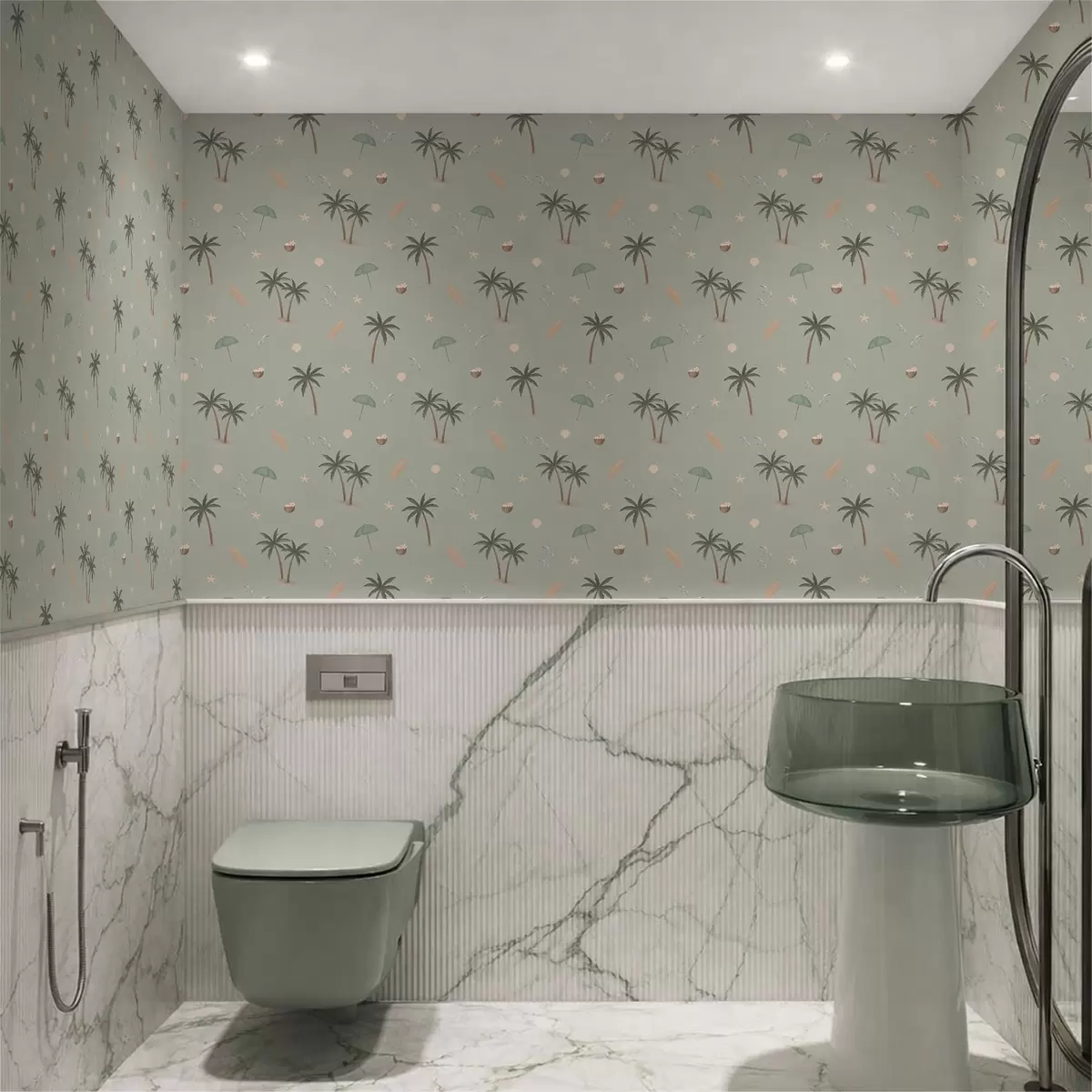 Papel de parede Palmeiras tropicais, pássaros e conchas marinhas num fundo verde-salva a01280v1