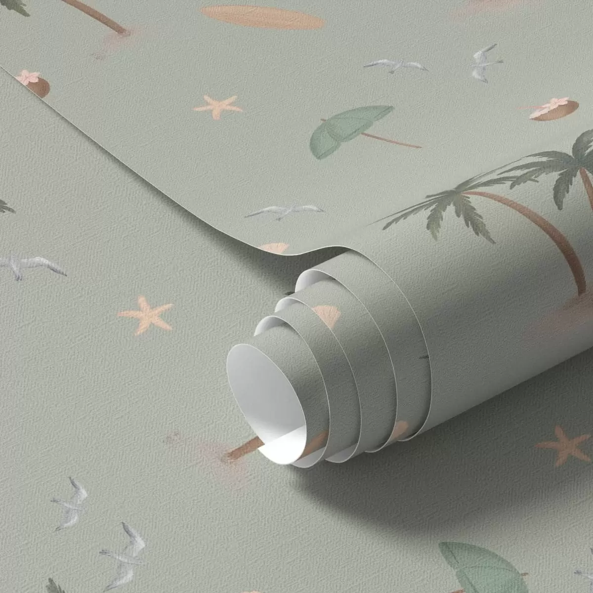Papel de parede Palmeiras tropicais, pássaros e conchas marinhas num fundo verde-salva a01280v1