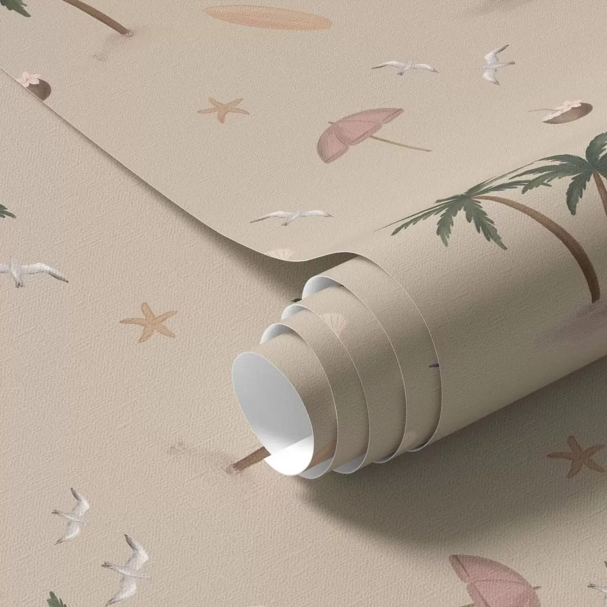 Papel de parede Palmeiras tropicais, pássaros e guarda-chuvas cor-de-rosa sobre um fundo bege a01280v2