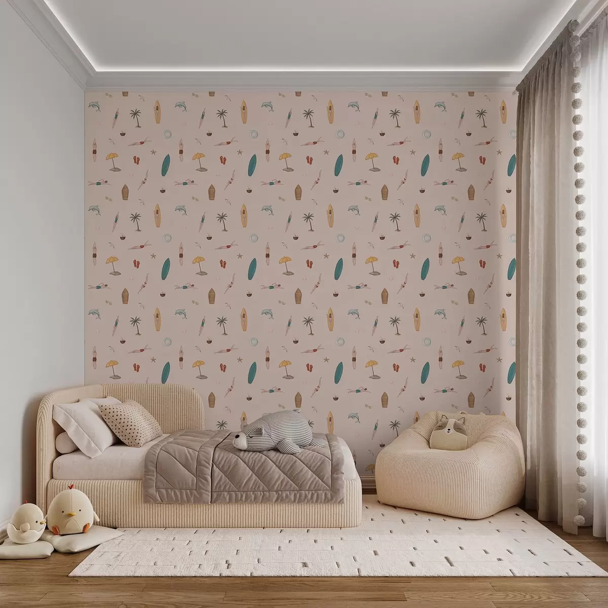 Papel de parede Nadadores, golfinho, palmeira e prancha de surf num fundo bege a01275