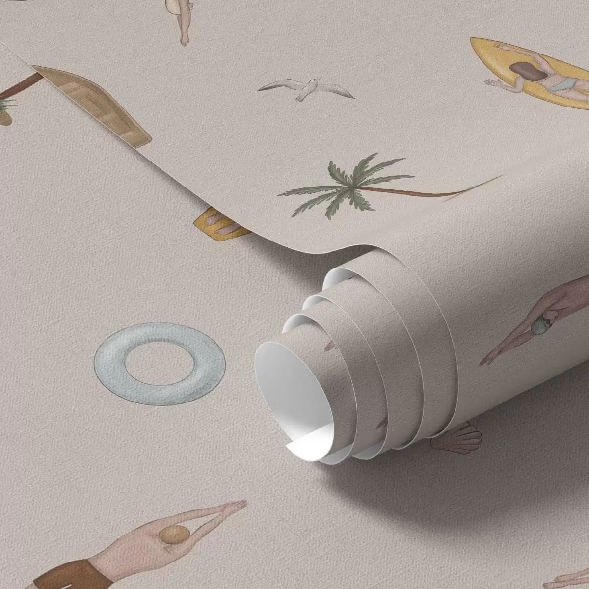 Papel de parede Nadadores, golfinho, palmeira e prancha de surf num fundo bege a01275