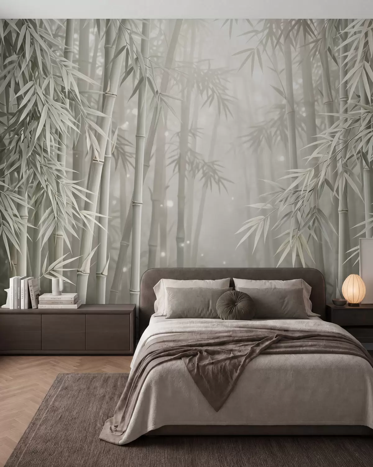 murais de parede Floresta mística de bambu envolta numa névoa suave, com tons suaves de verde-oliva e branco leitoso w10090