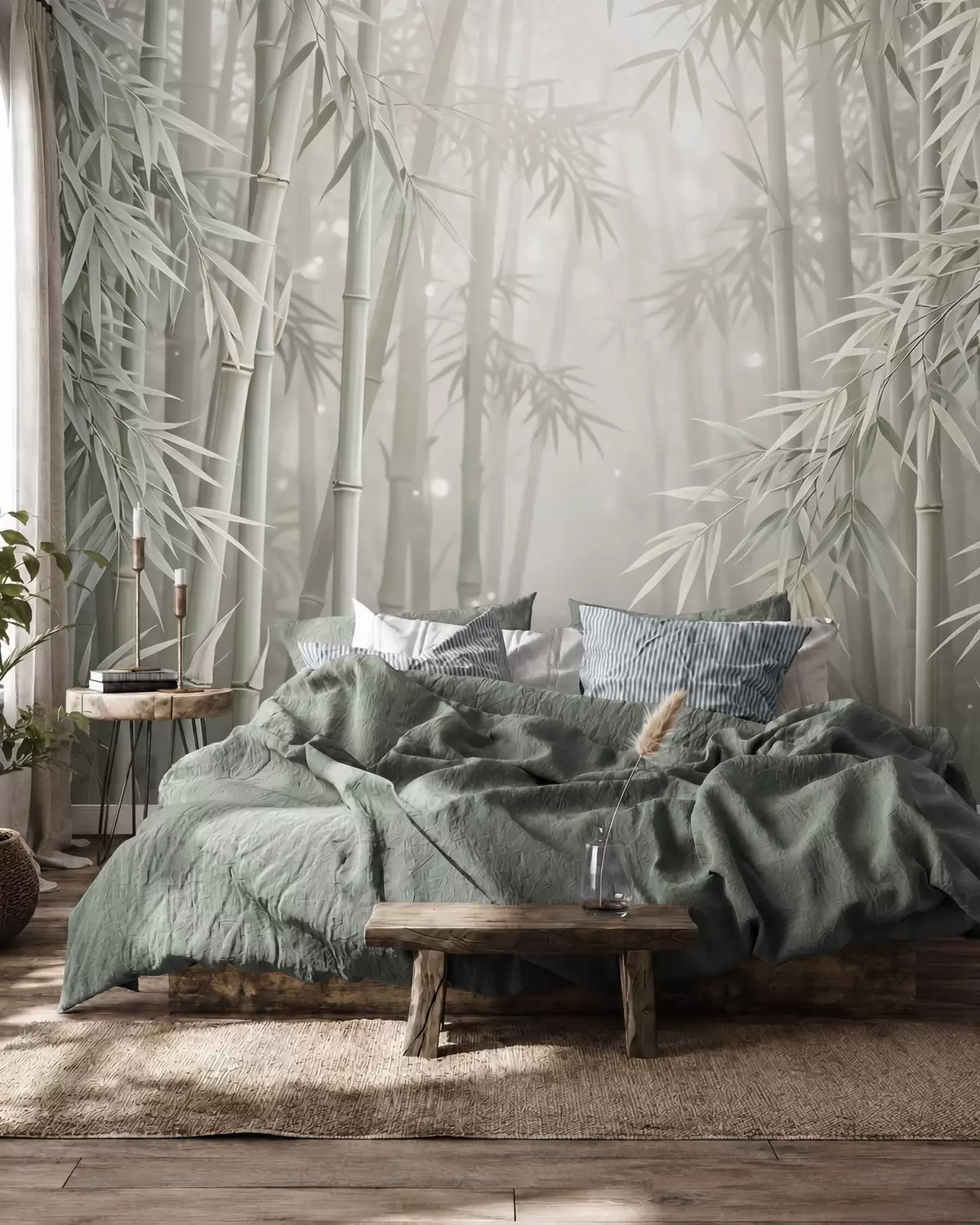 murais de parede Floresta mística de bambu envolta numa névoa suave, com tons suaves de verde-oliva e branco leitoso w10090