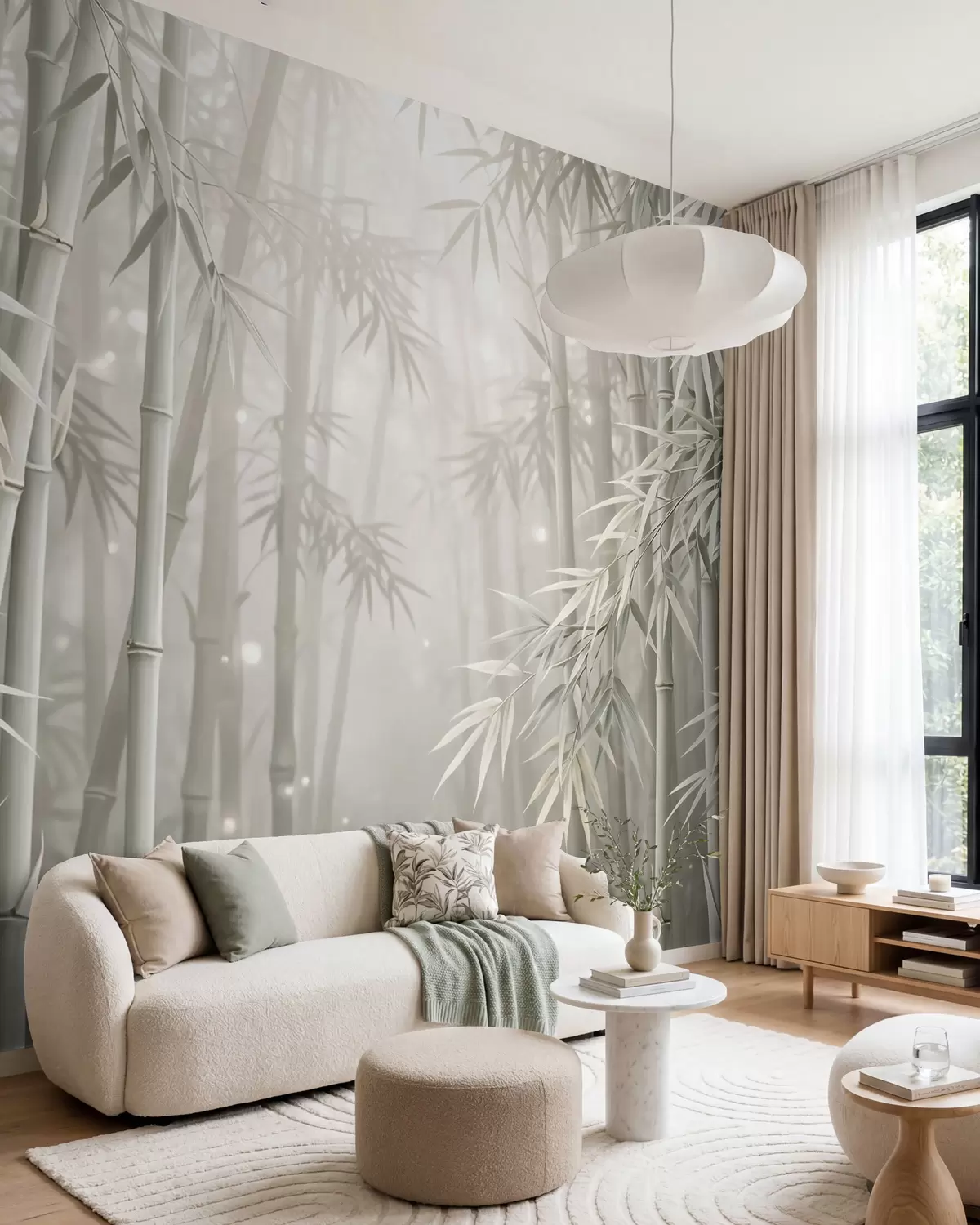 murais de parede Floresta mística de bambu envolta numa névoa suave, com tons suaves de verde-oliva e branco leitoso w10090