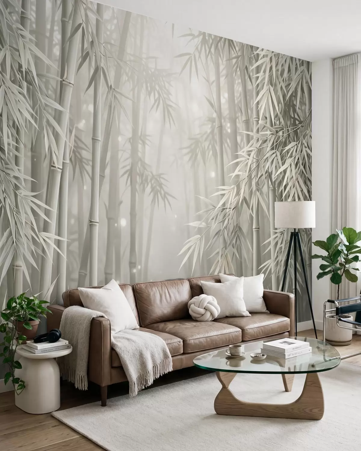 murais de parede Floresta mística de bambu envolta numa névoa suave, com tons suaves de verde-oliva e branco leitoso w10090