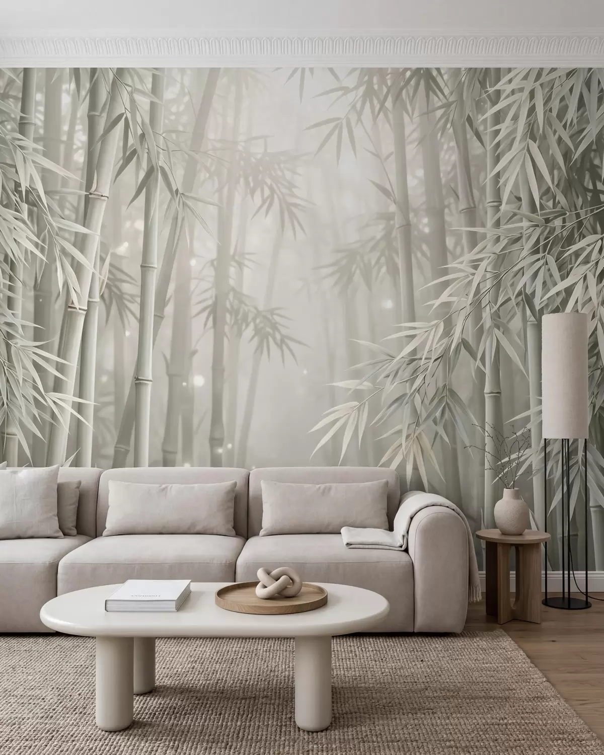 murais de parede Floresta mística de bambu envolta numa névoa suave, com tons suaves de verde-oliva e branco leitoso w10090