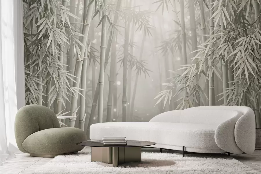 murais de parede Floresta mística de bambu envolta numa névoa suave, com tons suaves de verde-oliva e branco leitoso w10090