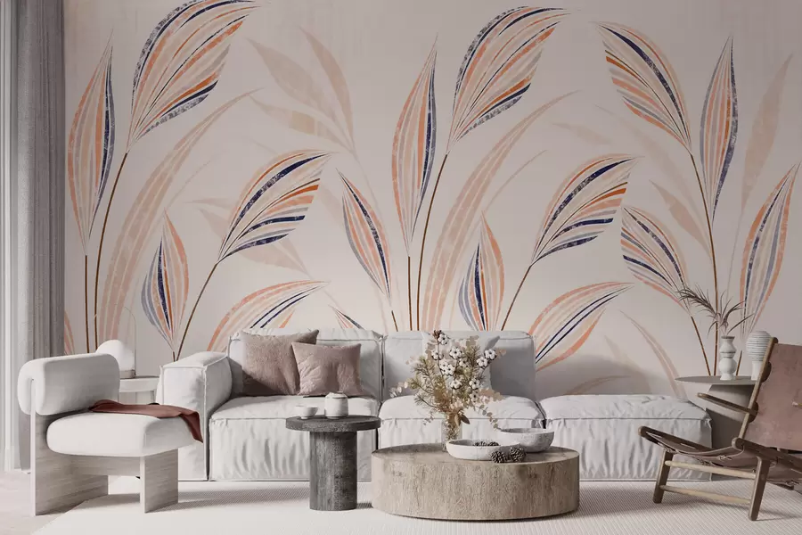 murais de parede Ervas decorativas abstratas com folhas elegantes e alongadas em tons de pêssego, creme e azul aquarela w10093