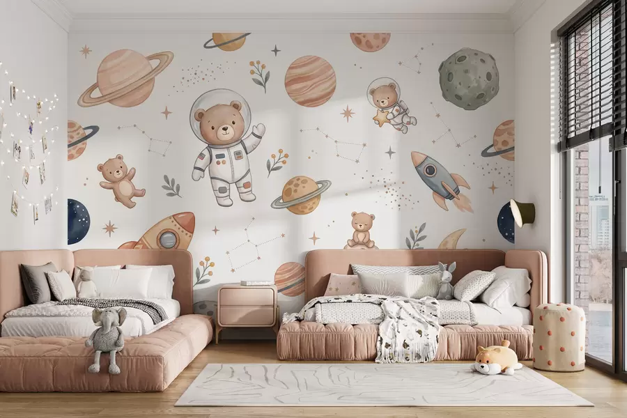 murais de parede Fofos ursinhos-de-peluche astronautas entre planetas, foguetões e estrelas, num estilo suave de aguarela em tons pastel w10096