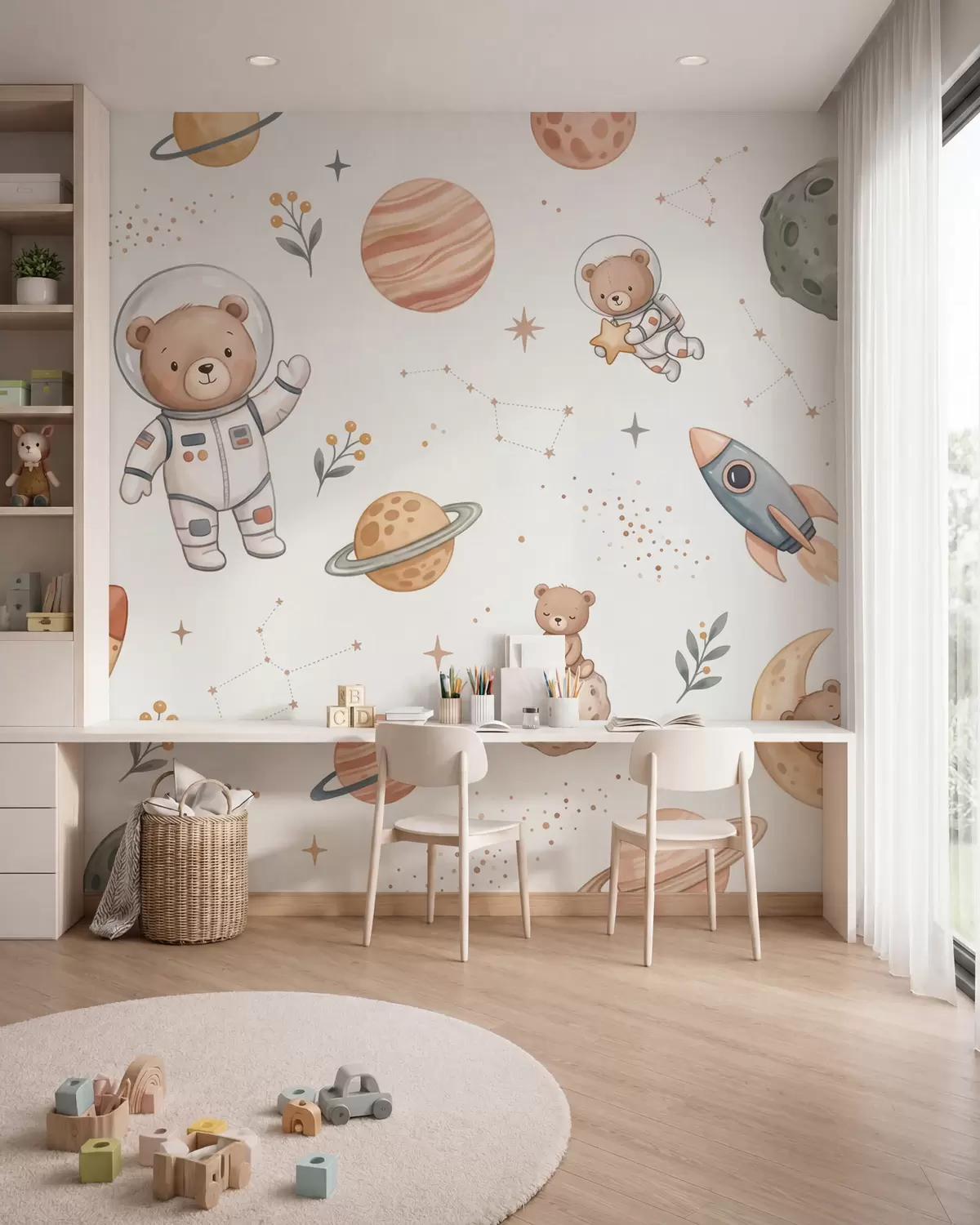 murais de parede Fofos ursinhos-de-peluche astronautas entre planetas, foguetões e estrelas, num estilo suave de aguarela em tons pastel w10096