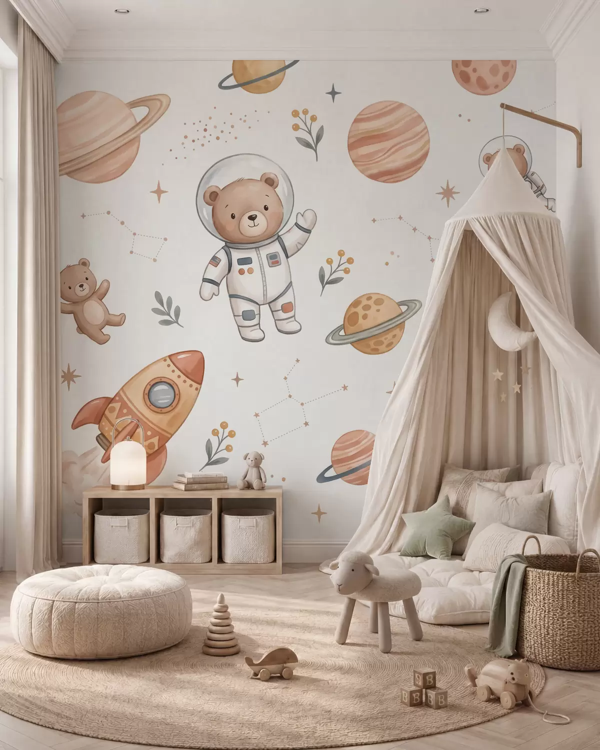 murais de parede Fofos ursinhos-de-peluche astronautas entre planetas, foguetões e estrelas, num estilo suave de aguarela em tons pastel w10096