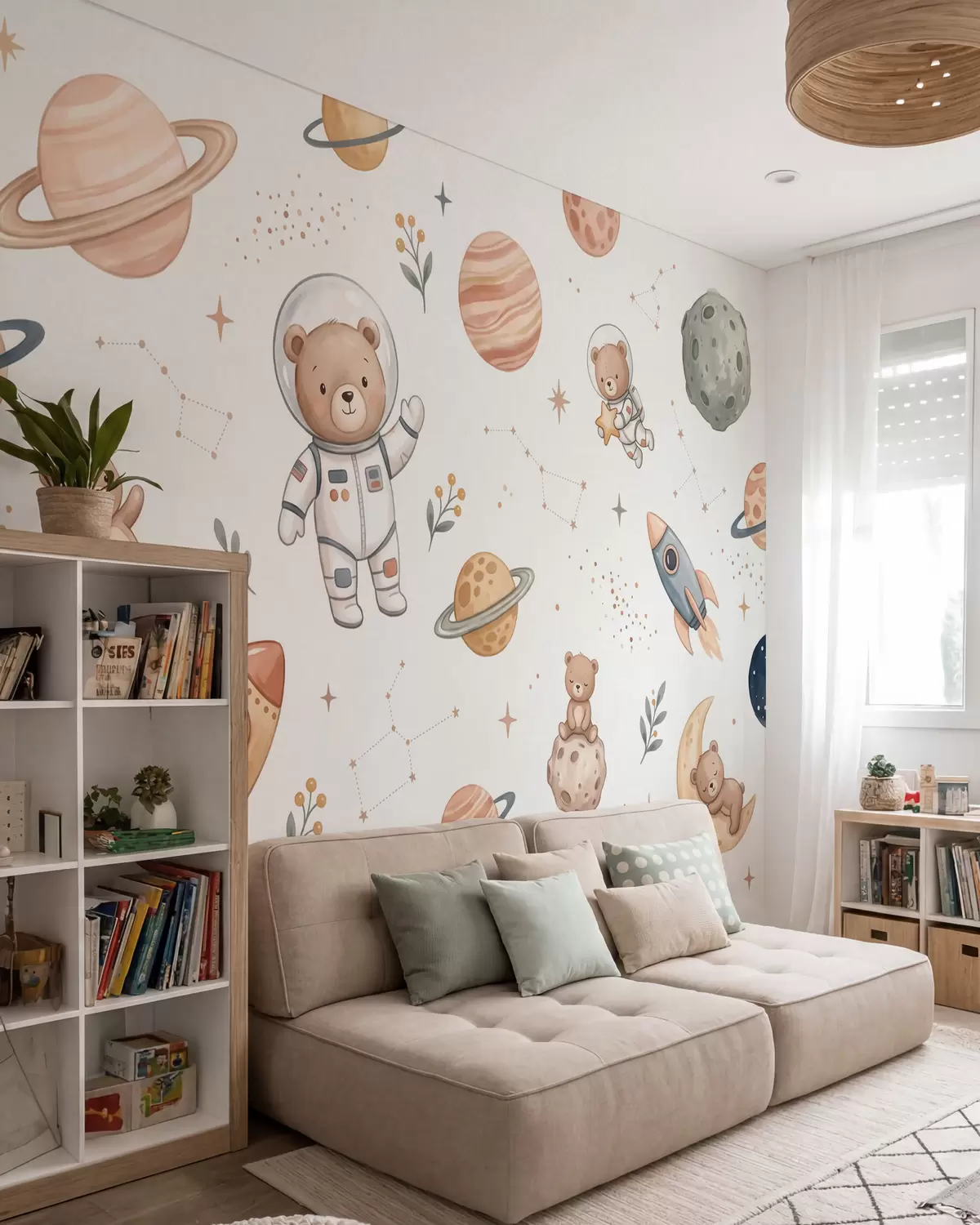 murais de parede Fofos ursinhos-de-peluche astronautas entre planetas, foguetões e estrelas, num estilo suave de aguarela em tons pastel w10096