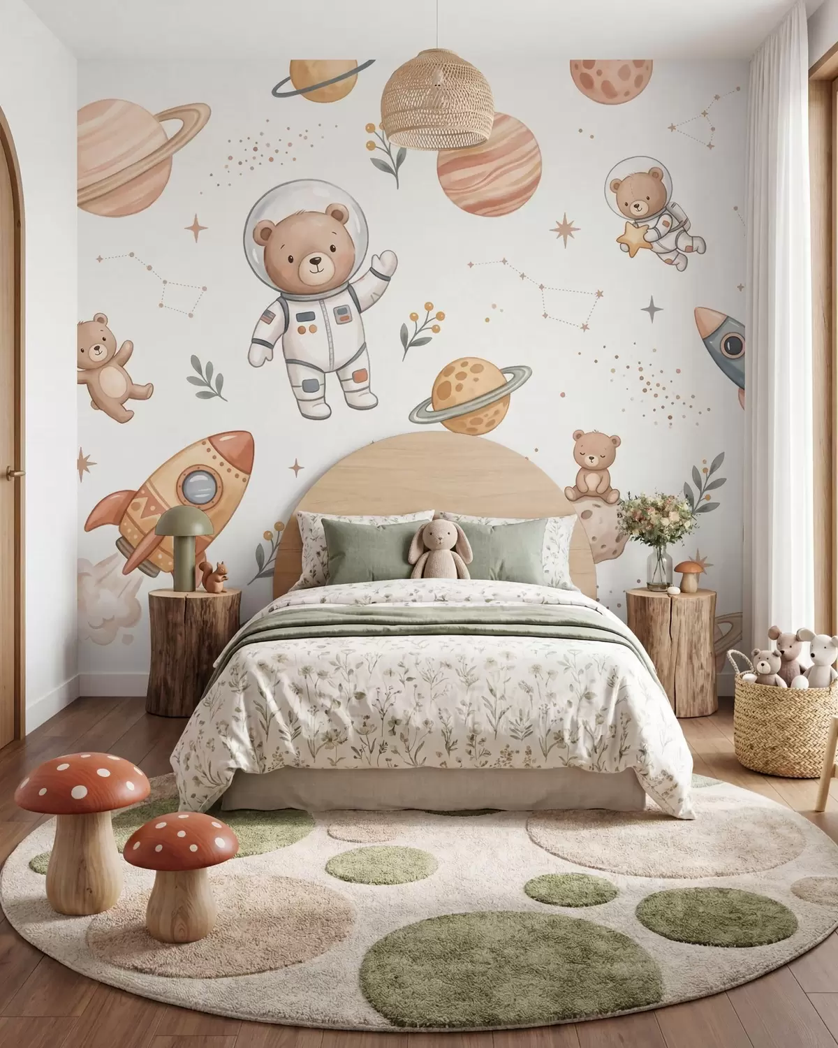 murais de parede Fofos ursinhos-de-peluche astronautas entre planetas, foguetões e estrelas, num estilo suave de aguarela em tons pastel w10096