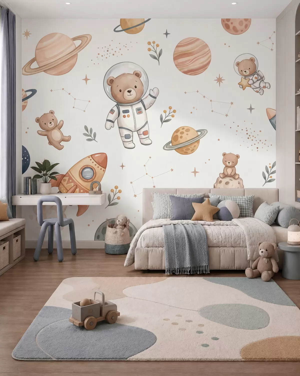 murais de parede Fofos ursinhos-de-peluche astronautas entre planetas, foguetões e estrelas, num estilo suave de aguarela em tons pastel w10096