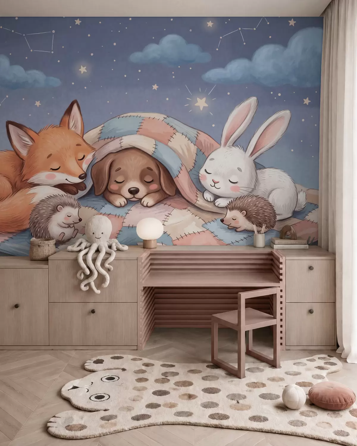 murais de parede Animais da floresta cheios de fantasia a dormir sob um céu estrelado, sobre uma acolhedora manta de retalhos, numa encantadora ilustração em aguarela w10098