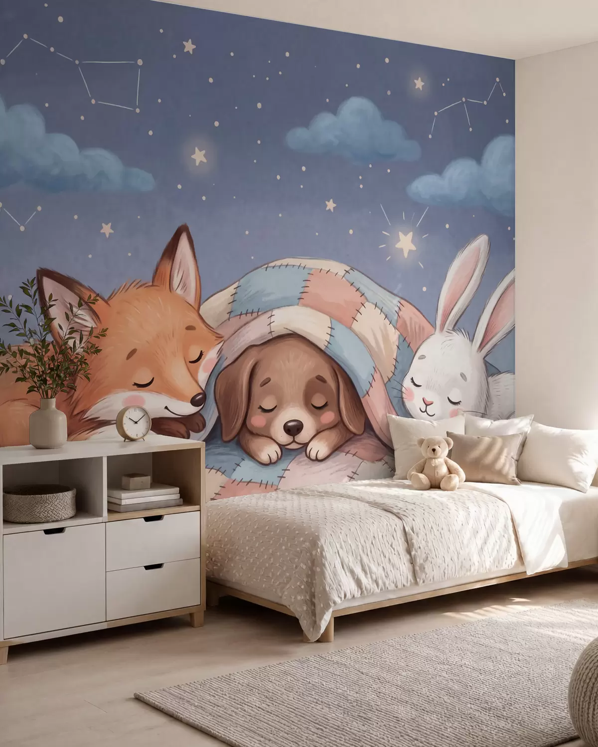 murais de parede Animais da floresta cheios de fantasia a dormir sob um céu estrelado, sobre uma acolhedora manta de retalhos, numa encantadora ilustração em aguarela w10098