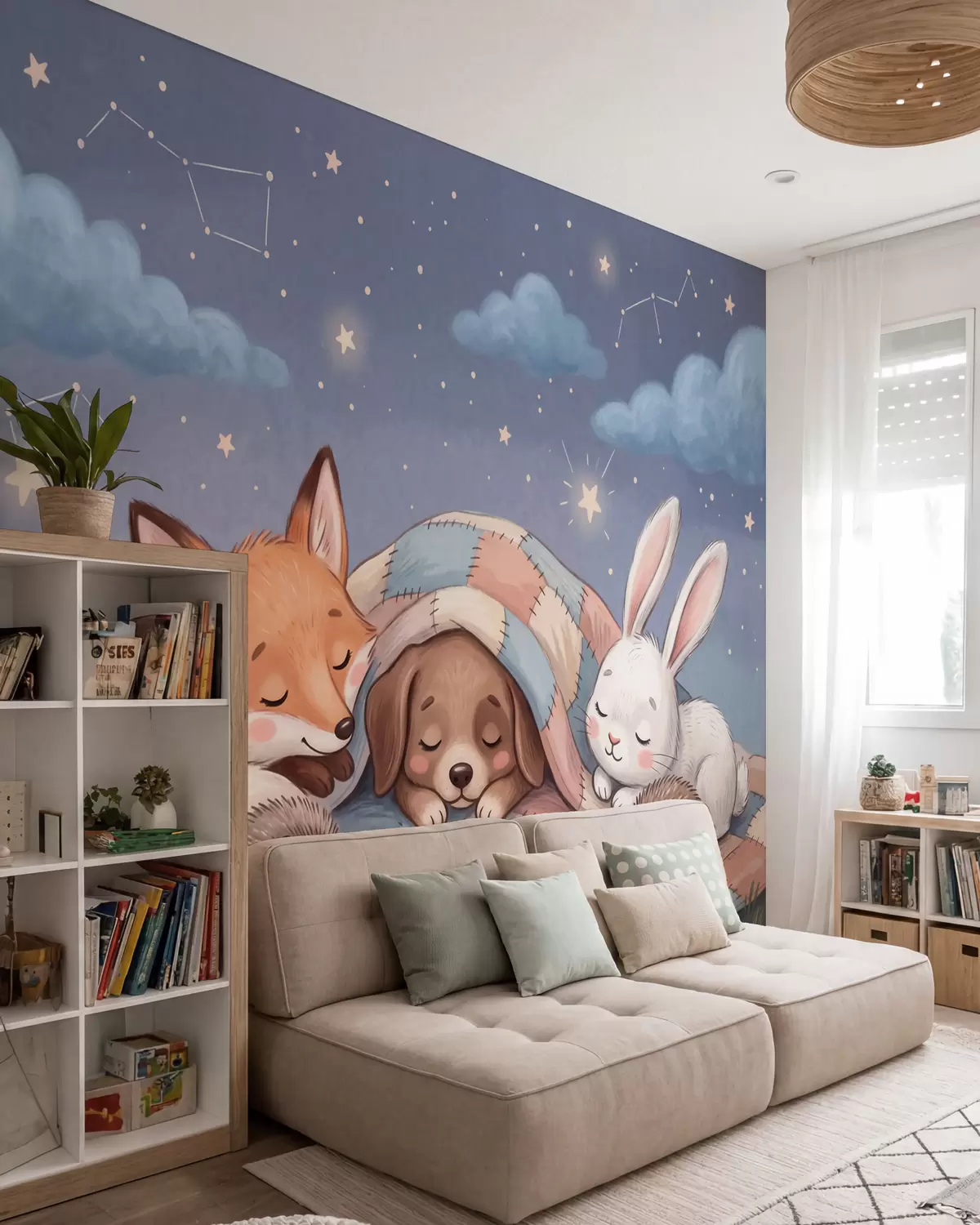 murais de parede Animais da floresta cheios de fantasia a dormir sob um céu estrelado, sobre uma acolhedora manta de retalhos, numa encantadora ilustração em aguarela w10098