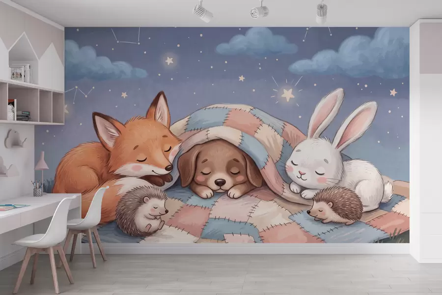 murais de parede Animais da floresta cheios de fantasia a dormir sob um céu estrelado, sobre uma acolhedora manta de retalhos, numa encantadora ilustração em aguarela w10098