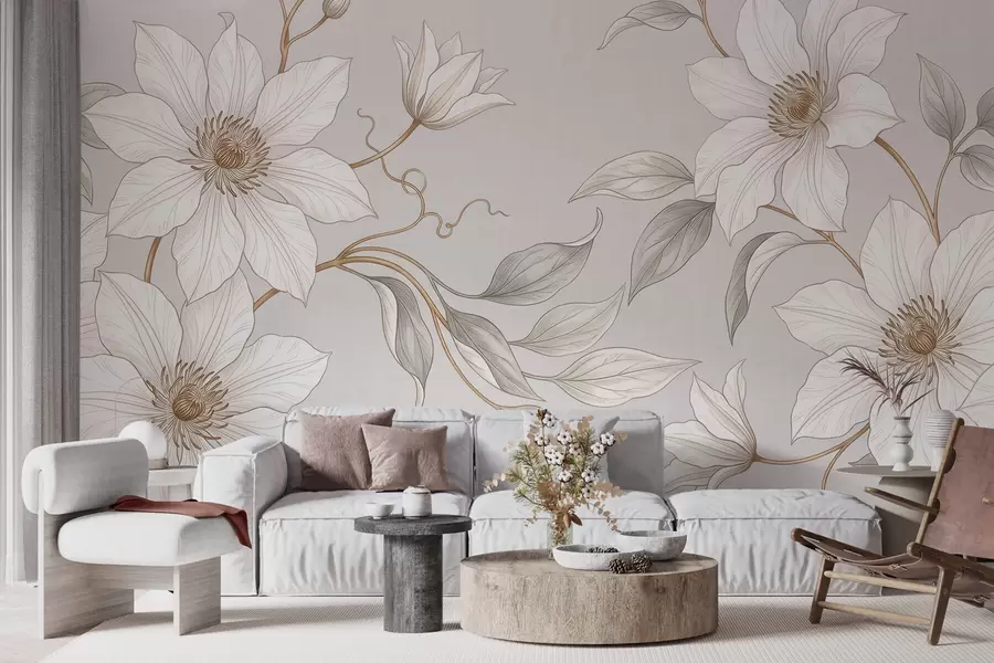 murais de parede Flores botânicas brancas e elegantes com ramos delicados w10099
