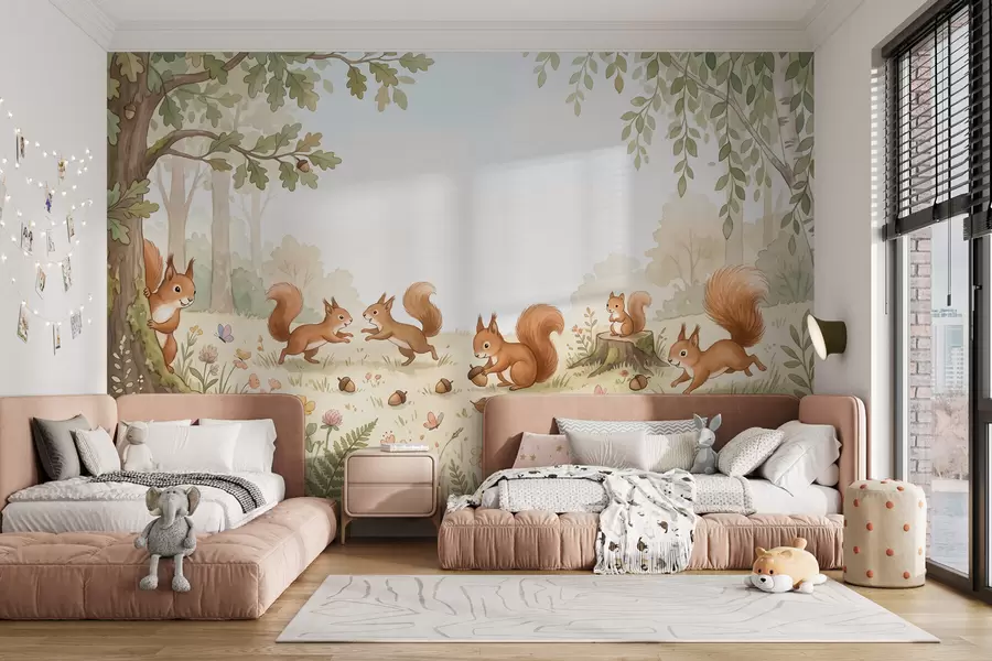 murais de parede Floresta outonal com esquilos vermelhos fofinhos, bolotas e delicadas flores silvestres, num estilo de aguarela w10102