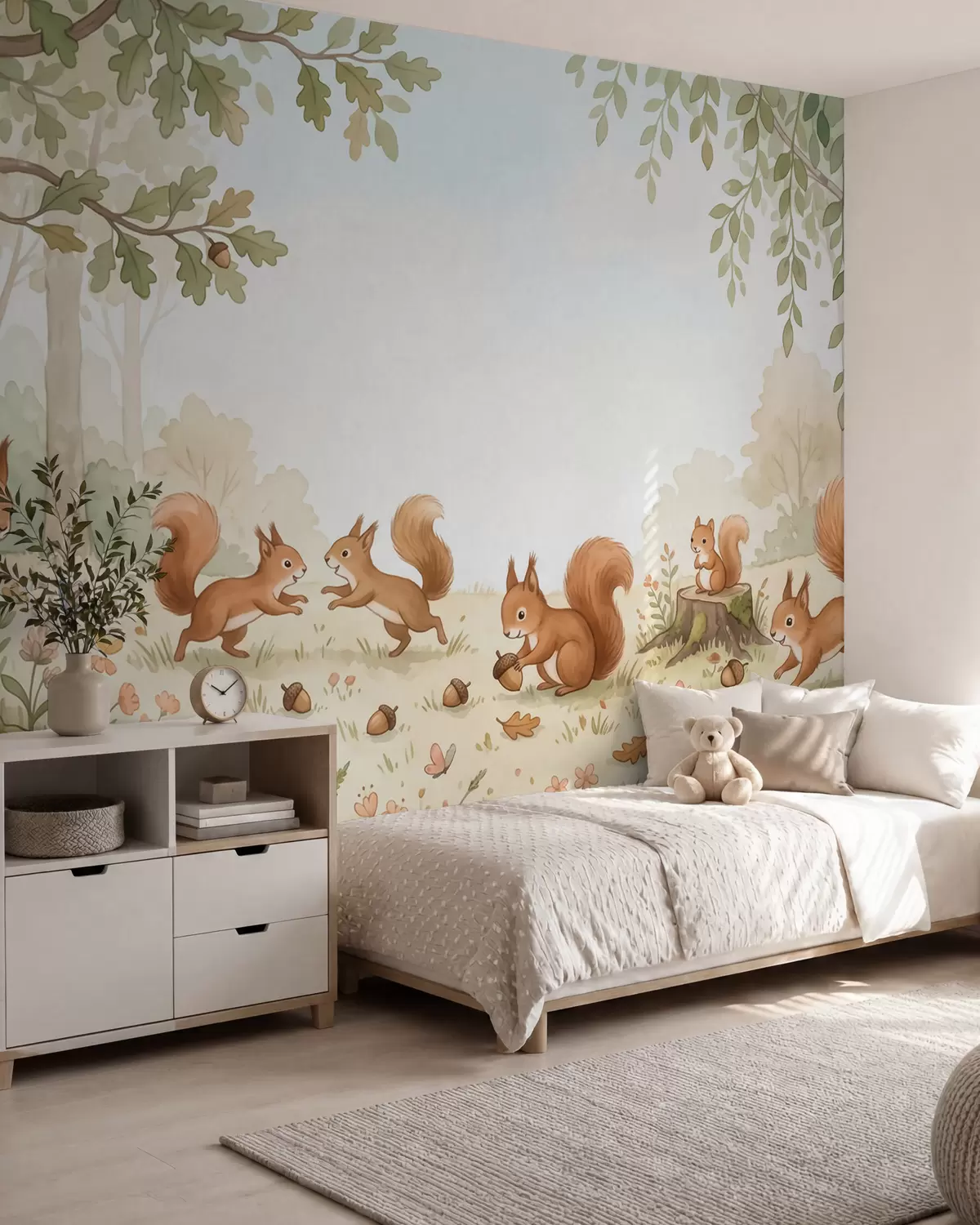 murais de parede Floresta outonal com esquilos vermelhos fofinhos, bolotas e delicadas flores silvestres, num estilo de aguarela w10102