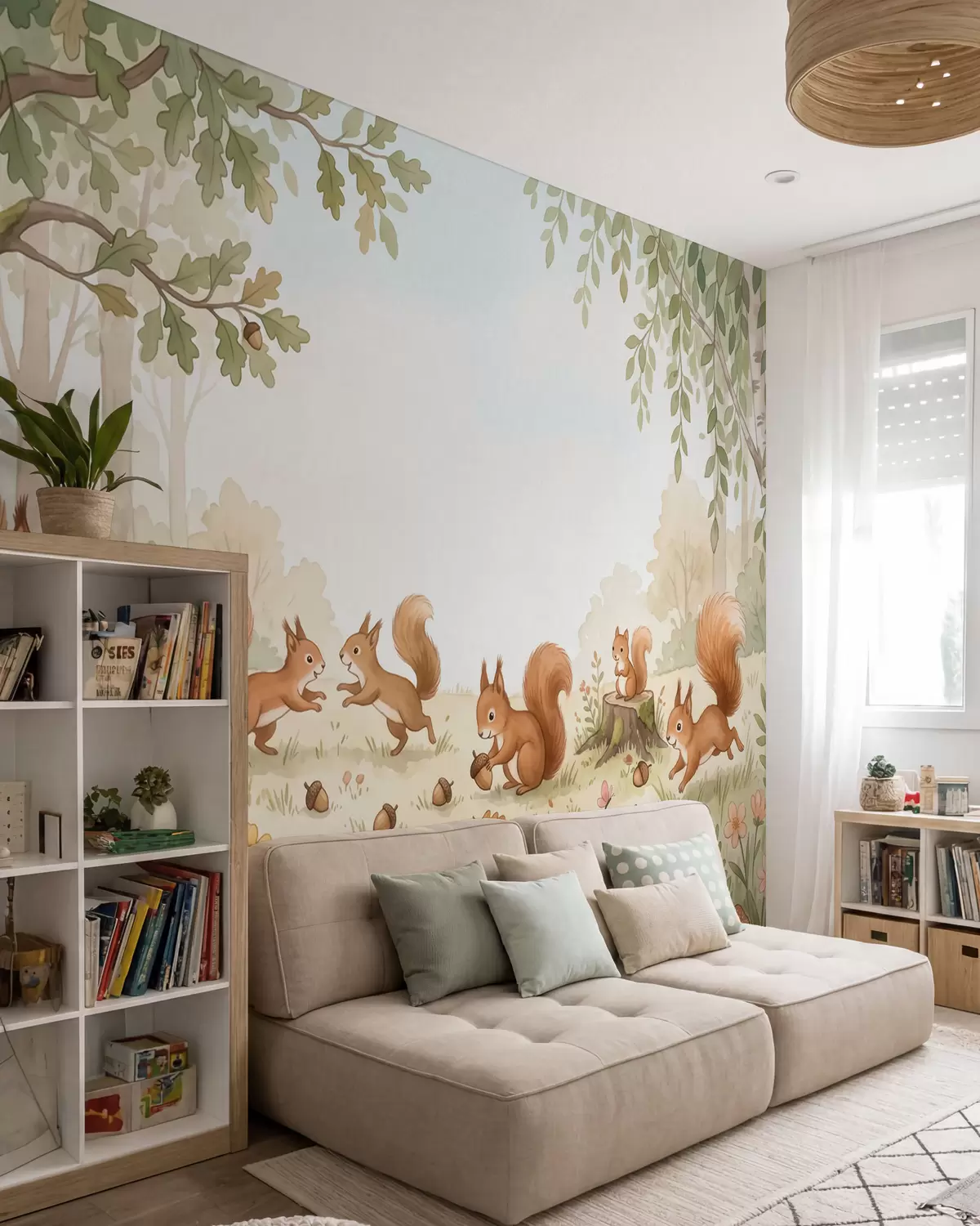murais de parede Floresta outonal com esquilos vermelhos fofinhos, bolotas e delicadas flores silvestres, num estilo de aguarela w10102