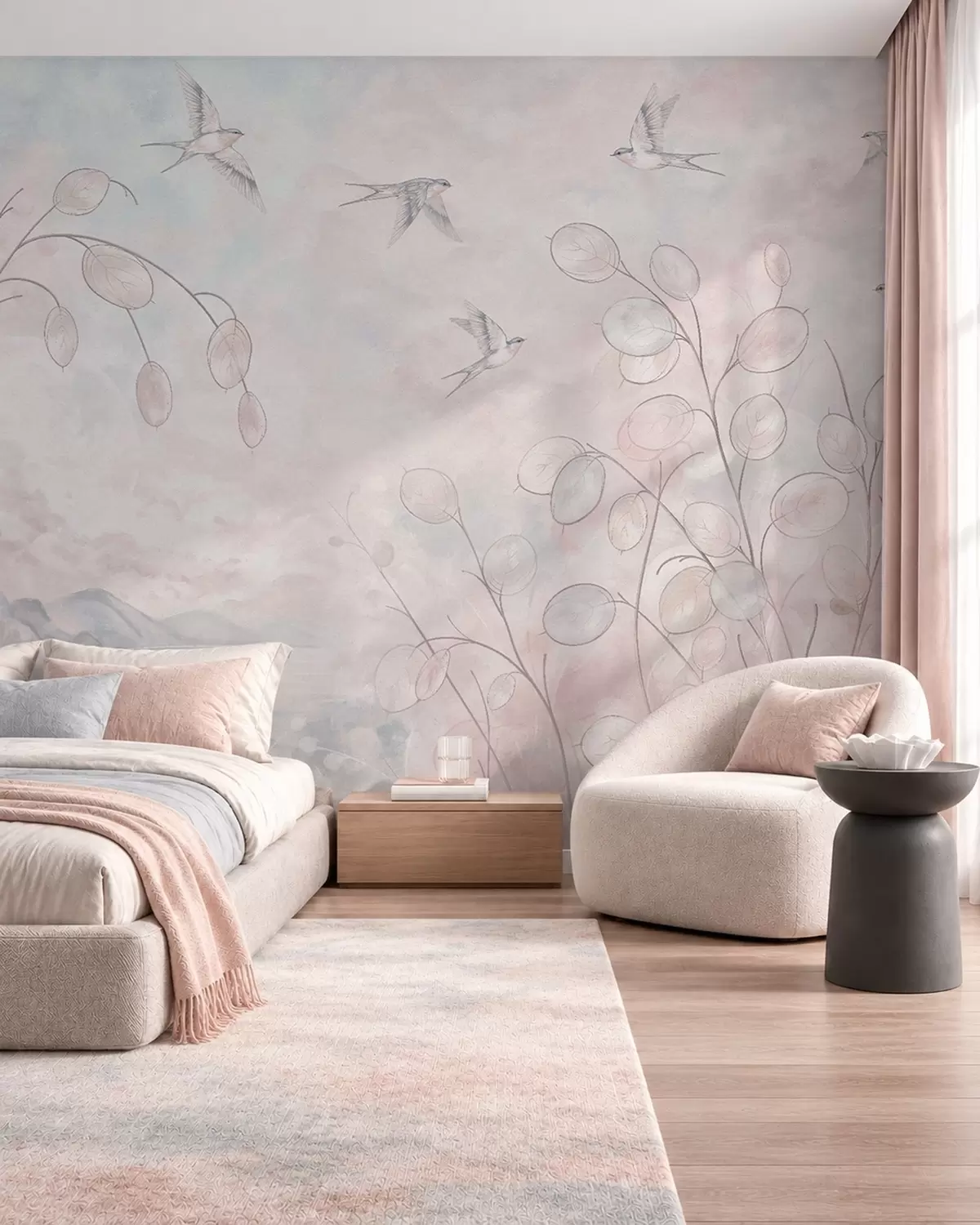 murais de parede Andorinhas e plantas delicadas em tons pastel w05892v1