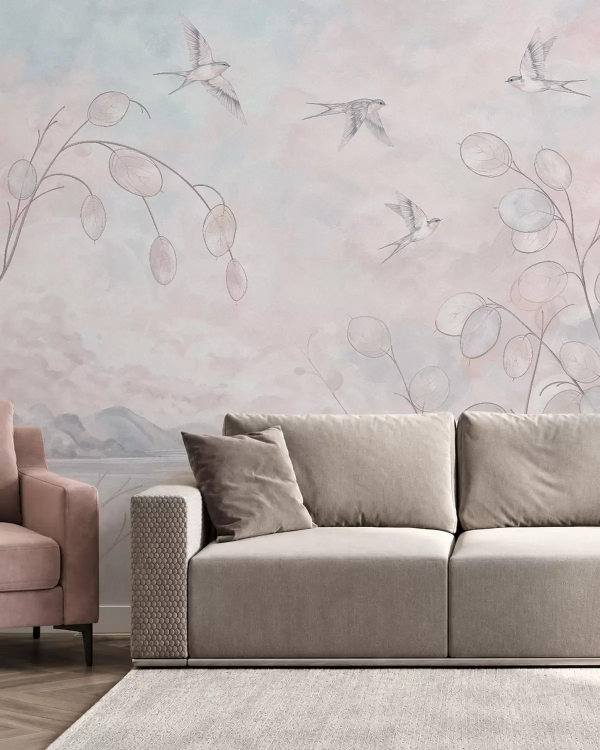 murais de parede Andorinhas e plantas delicadas em tons pastel w05892v1