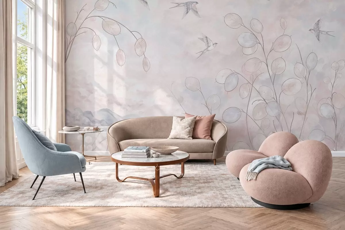 murais de parede Andorinhas e plantas delicadas em tons pastel w05892v1