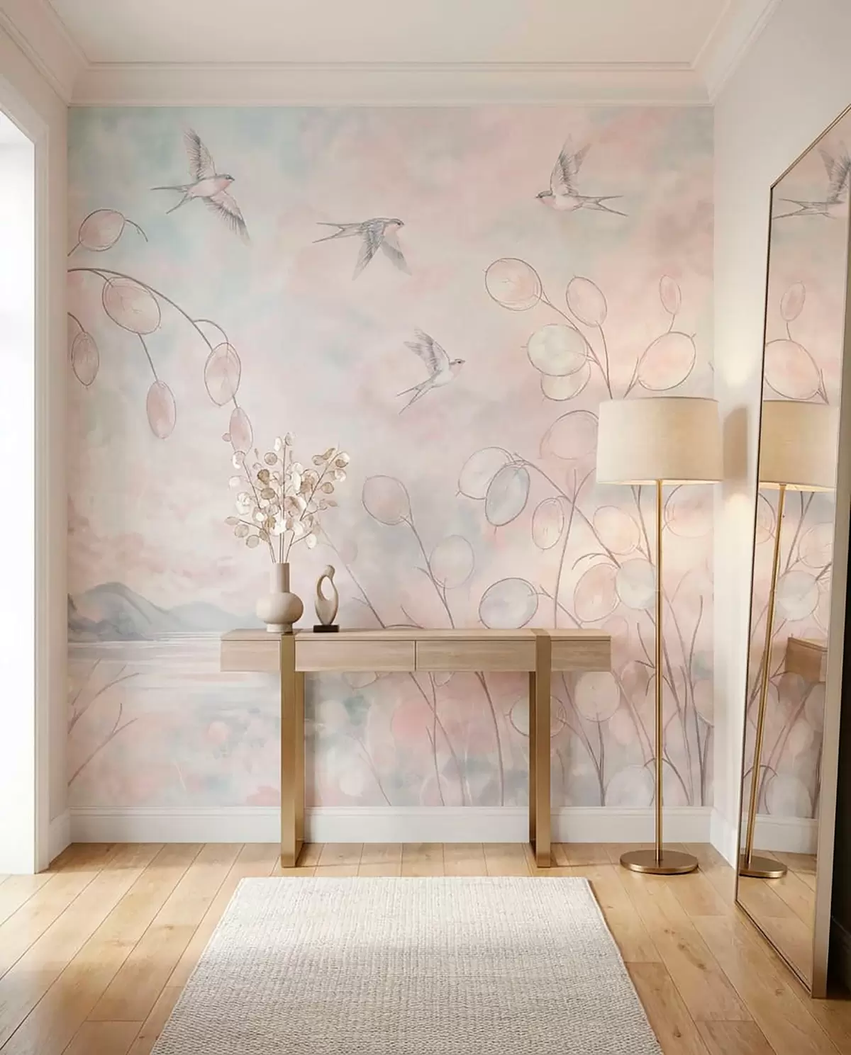 murais de parede Andorinhas e plantas delicadas em tons pastel w05892v1