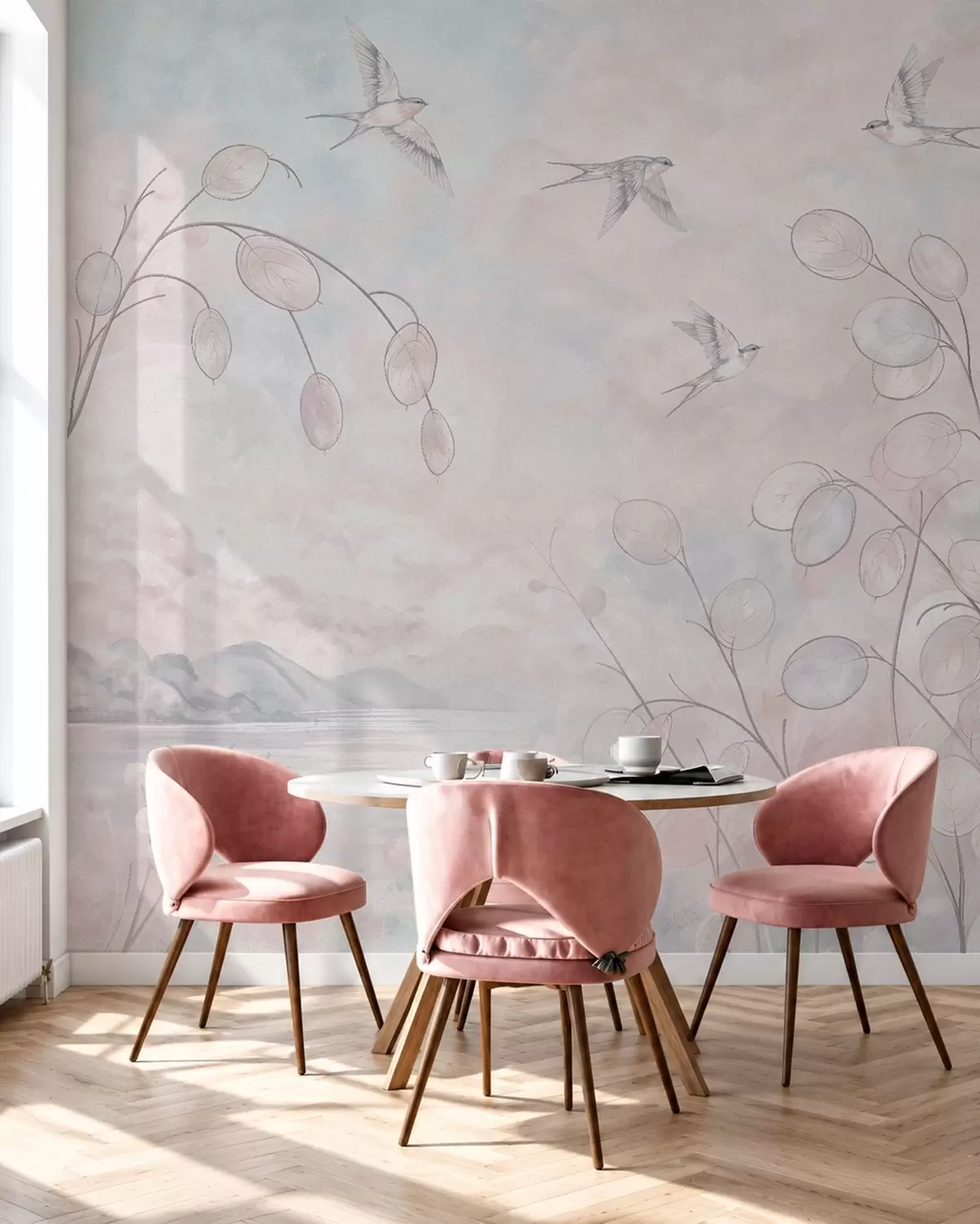 murais de parede Andorinhas e plantas delicadas em tons pastel w05892v1