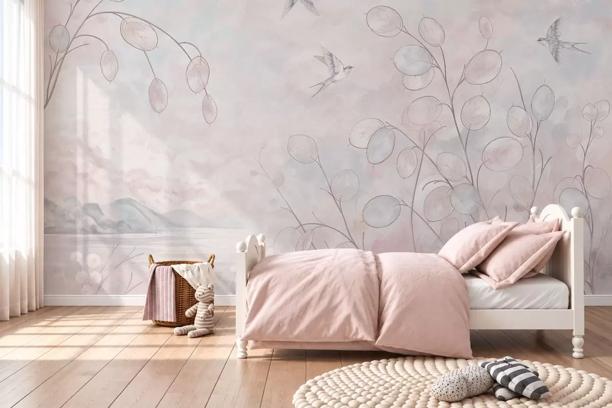murais de parede Andorinhas e plantas delicadas em tons pastel w05892v1