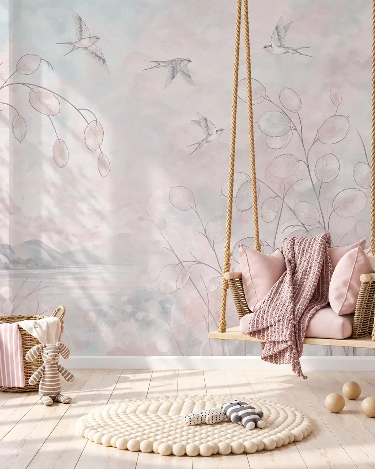 murais de parede Andorinhas e plantas delicadas em tons pastel w05892v1