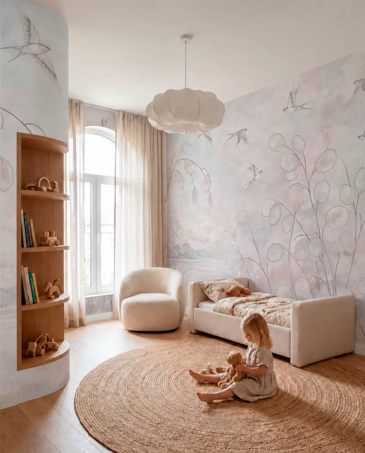 murais de parede Andorinhas e plantas delicadas em tons pastel w05892v1