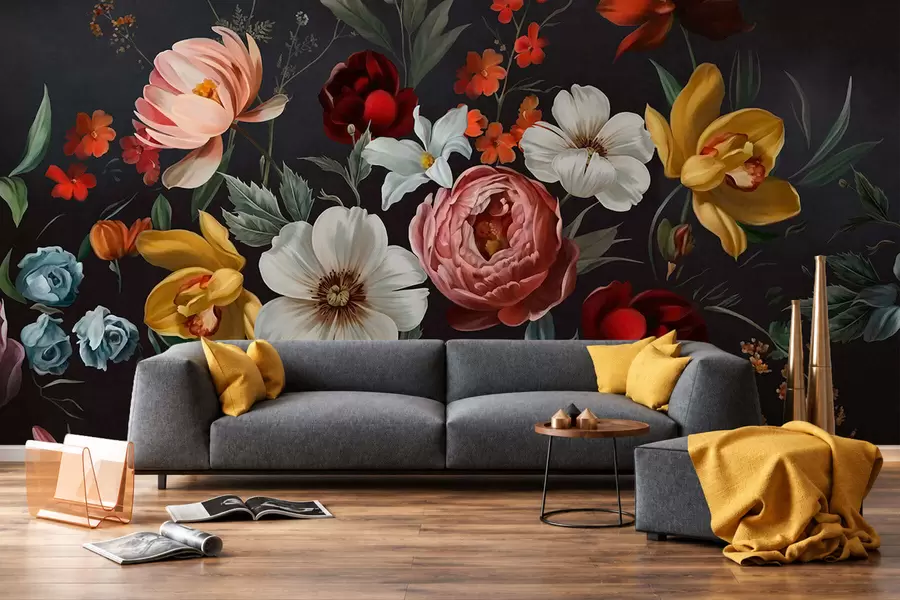 murais de parede Arranjo exuberante de flores coloridas sobre um fundo escuro w05960