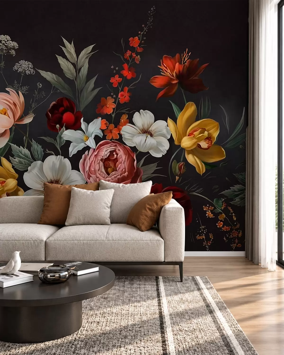 murais de parede Arranjo exuberante de flores coloridas sobre um fundo escuro w05960
