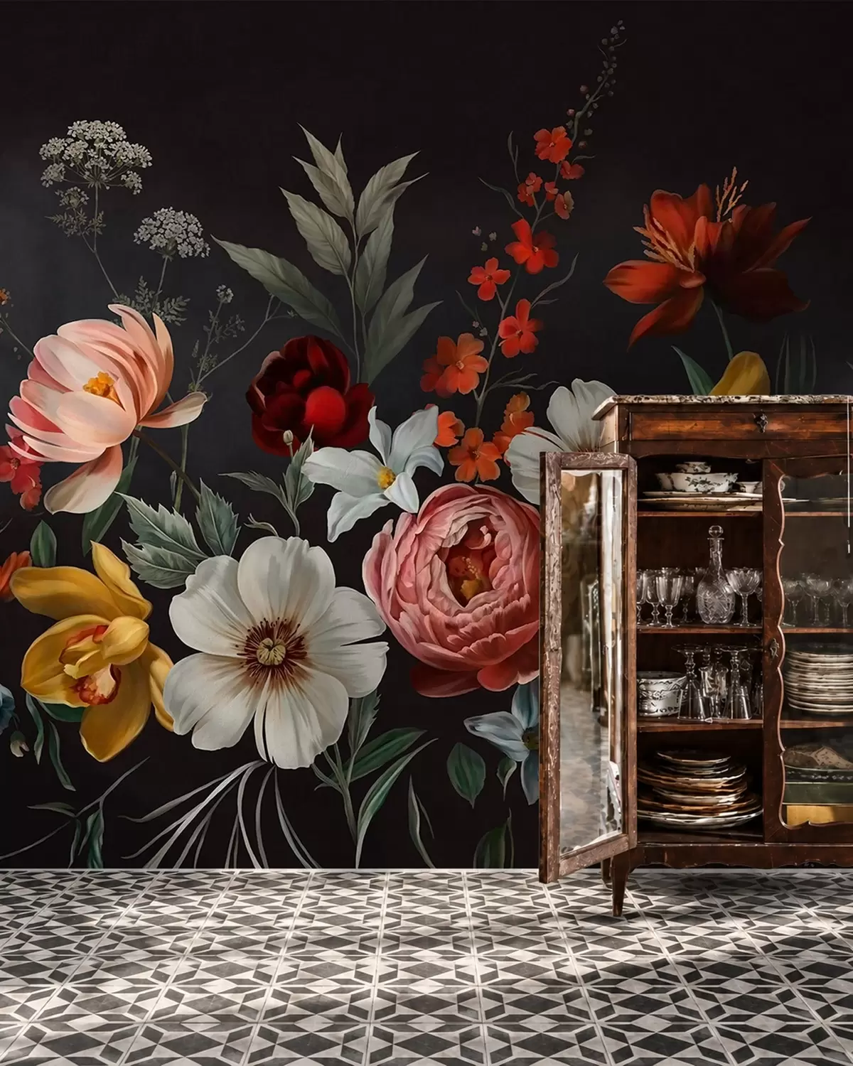 murais de parede Arranjo exuberante de flores coloridas sobre um fundo escuro w05960