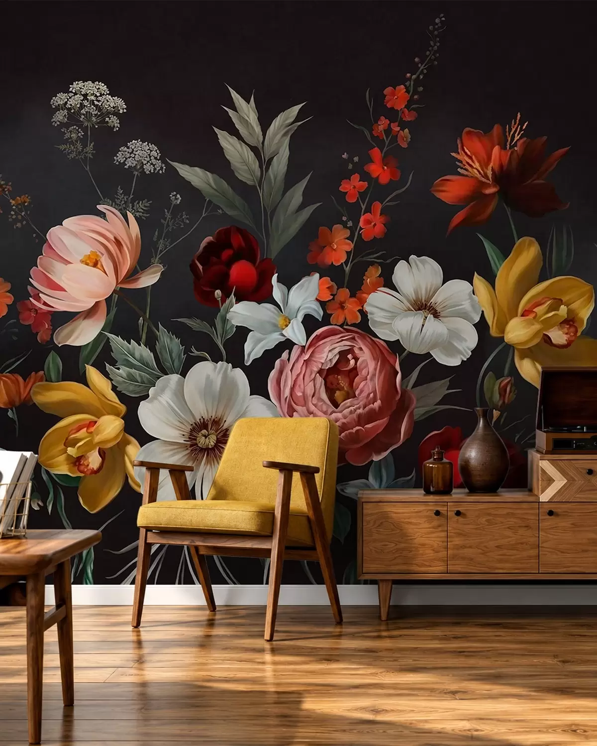 murais de parede Arranjo exuberante de flores coloridas sobre um fundo escuro w05960